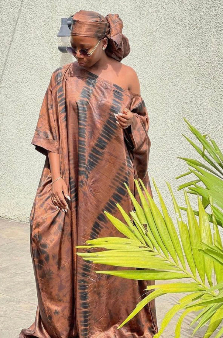 Brown Adire Silk Tie-dye Bubu Dress Rich Aunty Vibes by Eldimaa Fashio