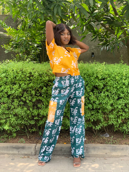 EF Adire 2 Piece Crop Shirt & Cargo Pants Trousers