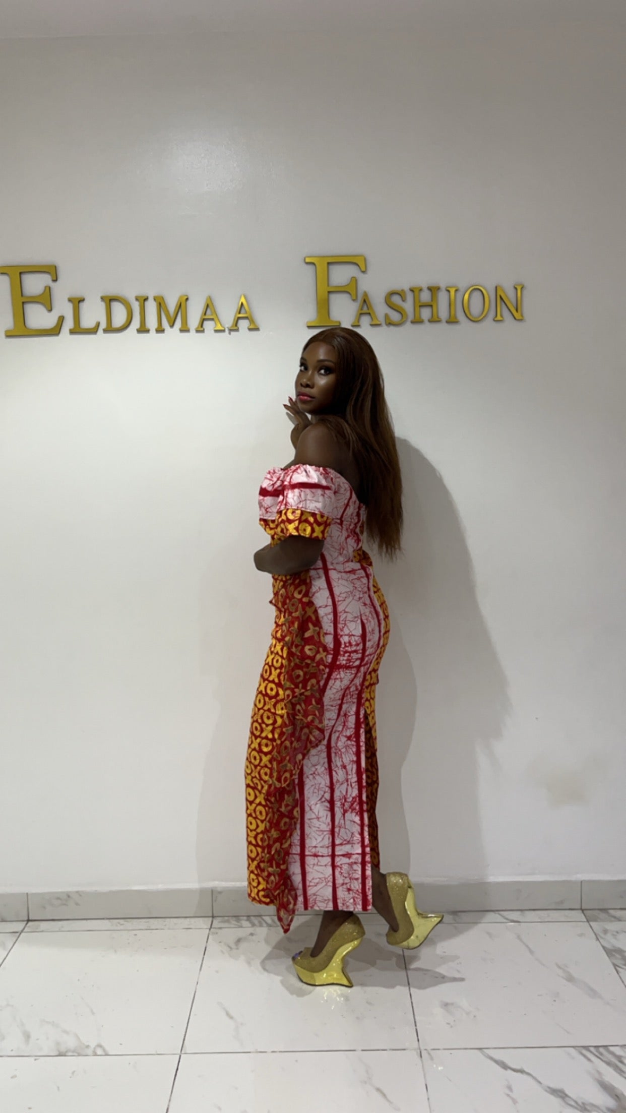 Ibeji Sexy Off-Shoulder African Print Kampala Cleavage Dress with Side Frills by Eldimaa Fashion