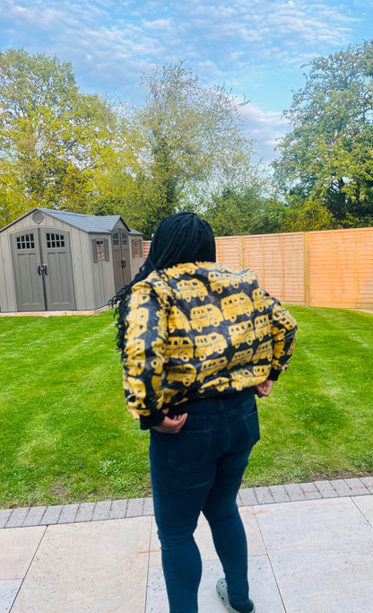 Lagos Danfo Bus Ankara African Print Bomber Jacket in Yellow and Black by Eldimaa Fashion