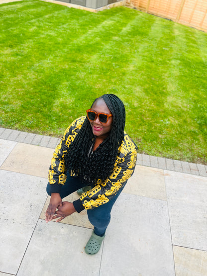 Lagos Danfo Bus Ankara African Print Bomber Jacket in Yellow and Black by Eldimaa Fashion