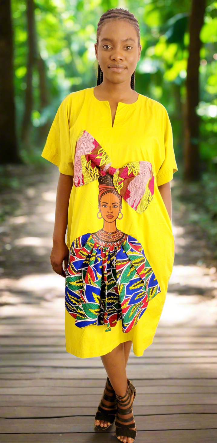 The Ngozi African Woman Face Print With Ankara Headwrap in Yellow