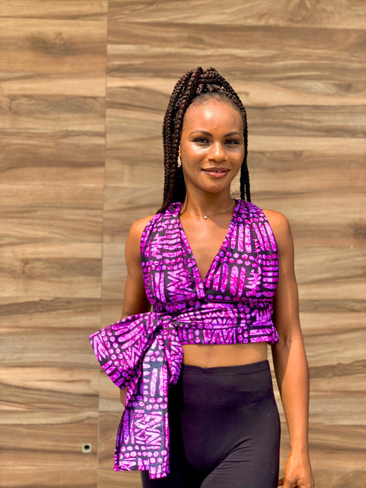 The Irawo African Print Ankara Infinity Multi Wrap Crop Top in Purple by Eldimaa Fashion