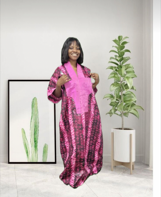 Pink African Print Ankara and Aso-Oke Rich Aunty Bubu Long Dress