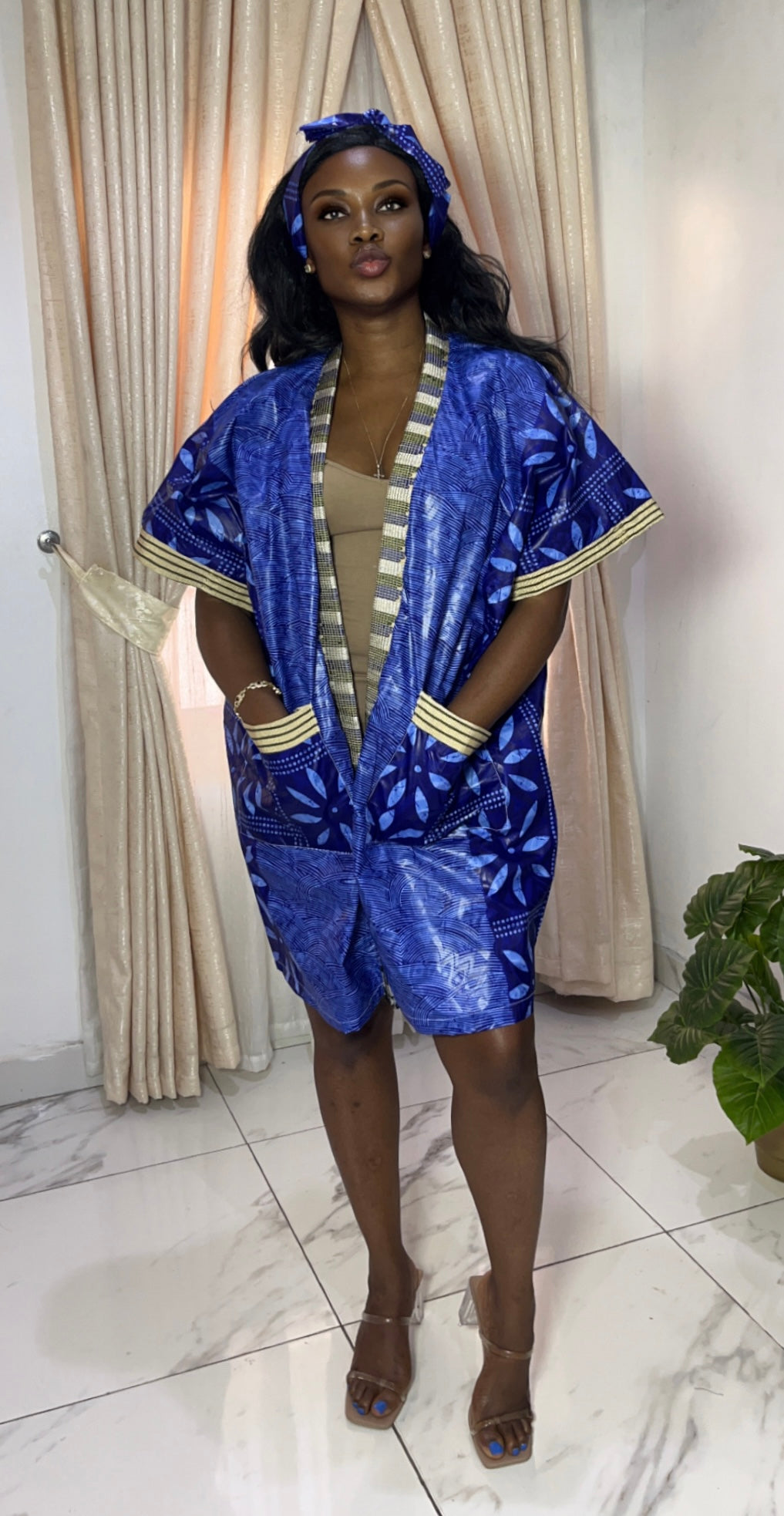 African Print Adire & Silk Aso Oke Kimono Jacket in Navy Blue by Eldimaa Fashion