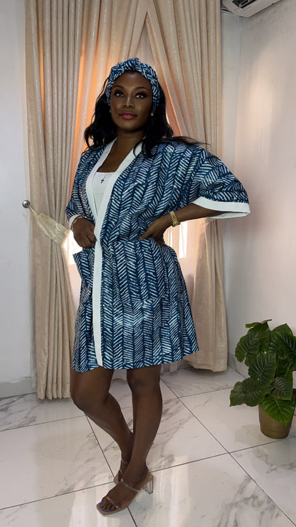 African Print Adire & Silk Aso Oke Kimono Jacket in Teal Blue by Eldimaa Fashion