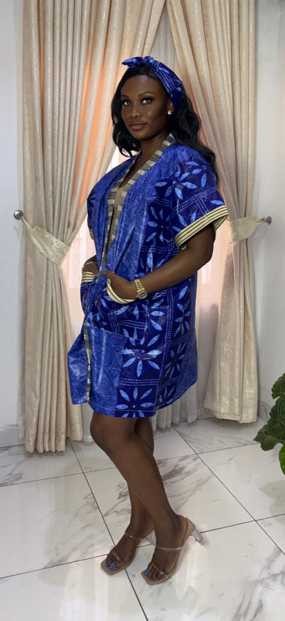 African Print Adire & Silk Aso Oke Kimono Jacket in Navy Blue by Eldimaa Fashion