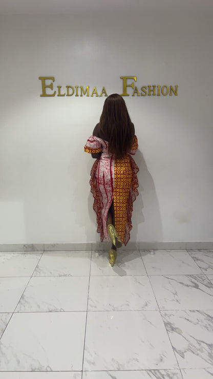 Ibeji Sexy Off-Shoulder African Print Kampala Cleavage Dress with Side Frills by Eldimaa Fashion