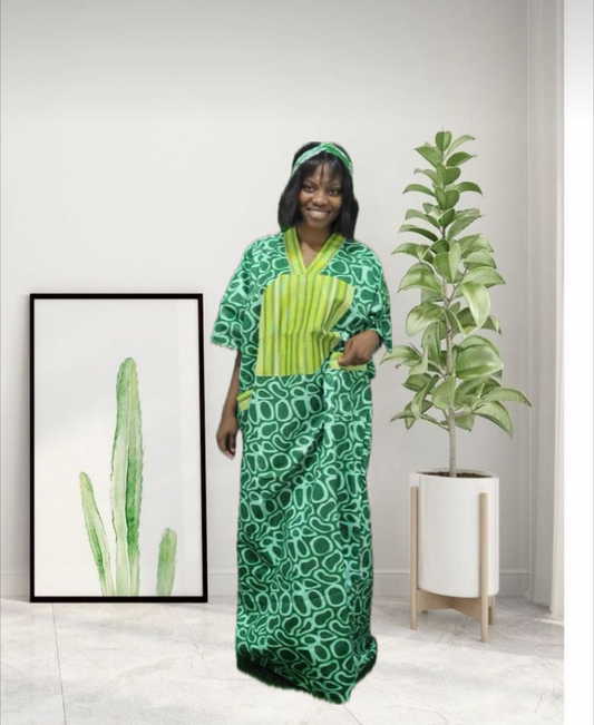 Green African Print Ankara and Aso-Oke Rich Aunty Bubu Long Dress