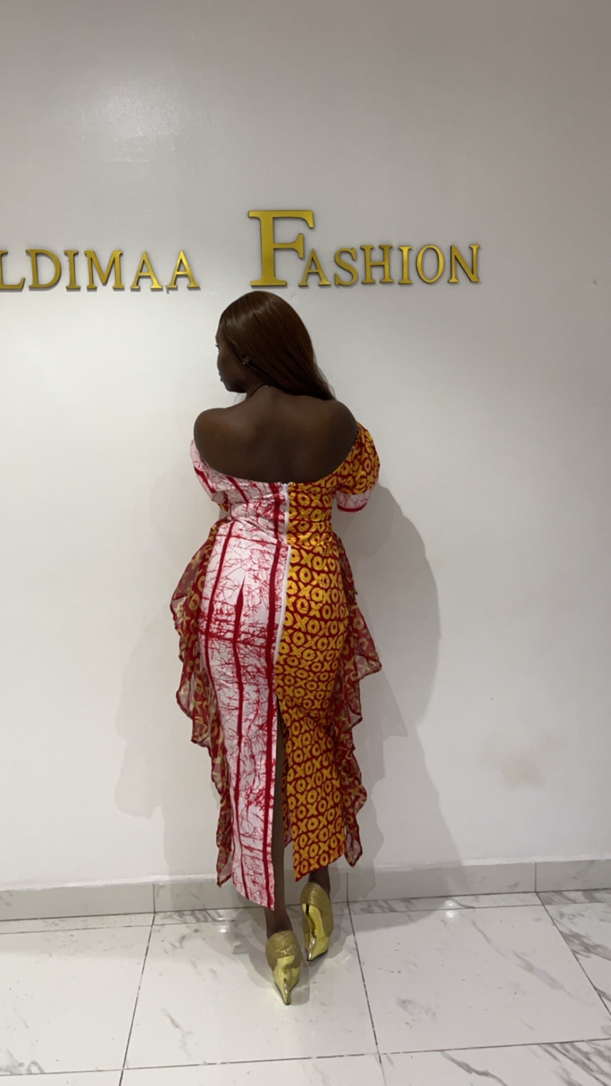 Ibeji Sexy Off-Shoulder African Print Kampala Cleavage Dress with Side Frills by Eldimaa Fashion