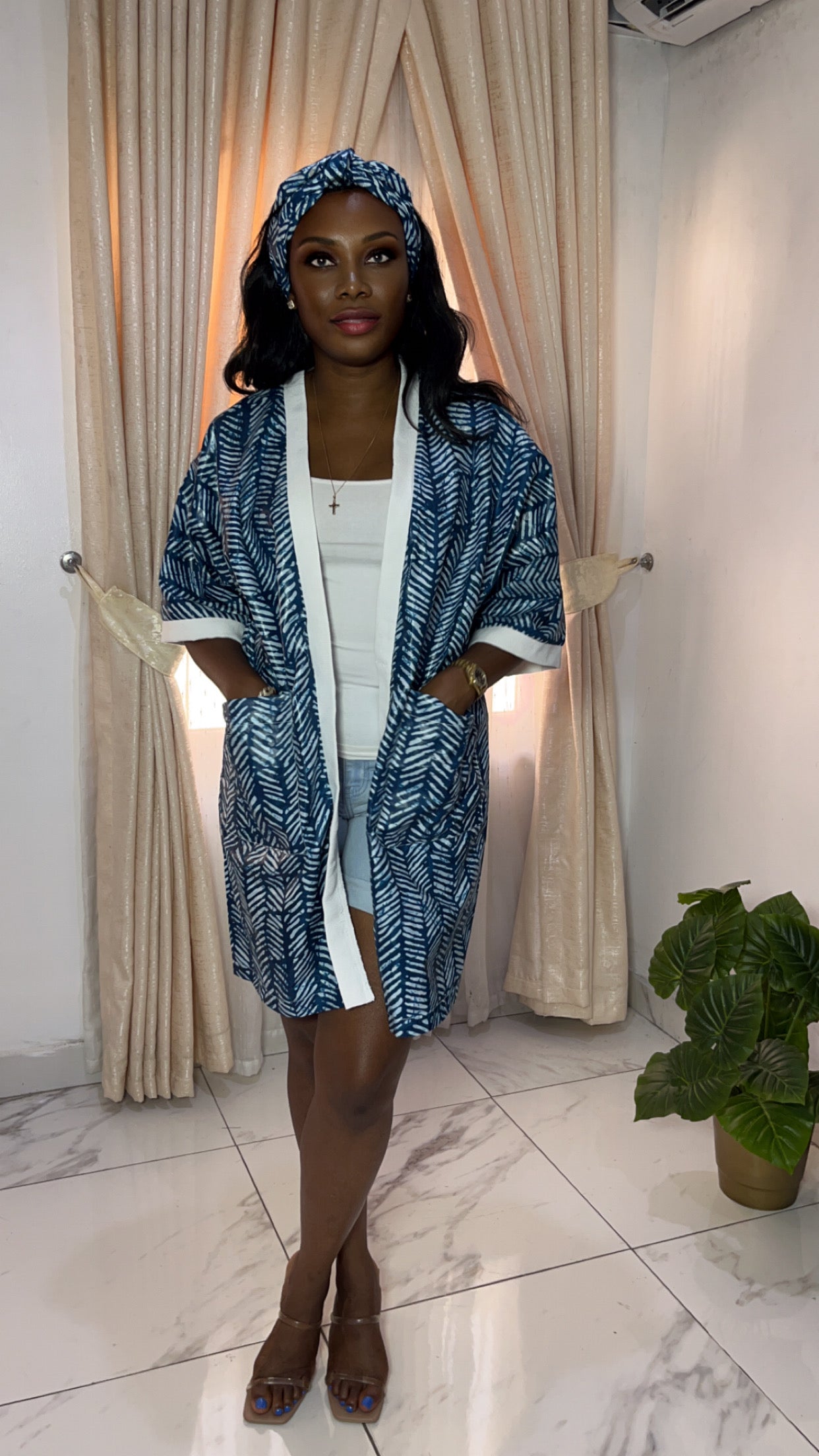 African Print Adire & Silk Aso Oke Kimono Jacket in Teal Blue by Eldimaa Fashion