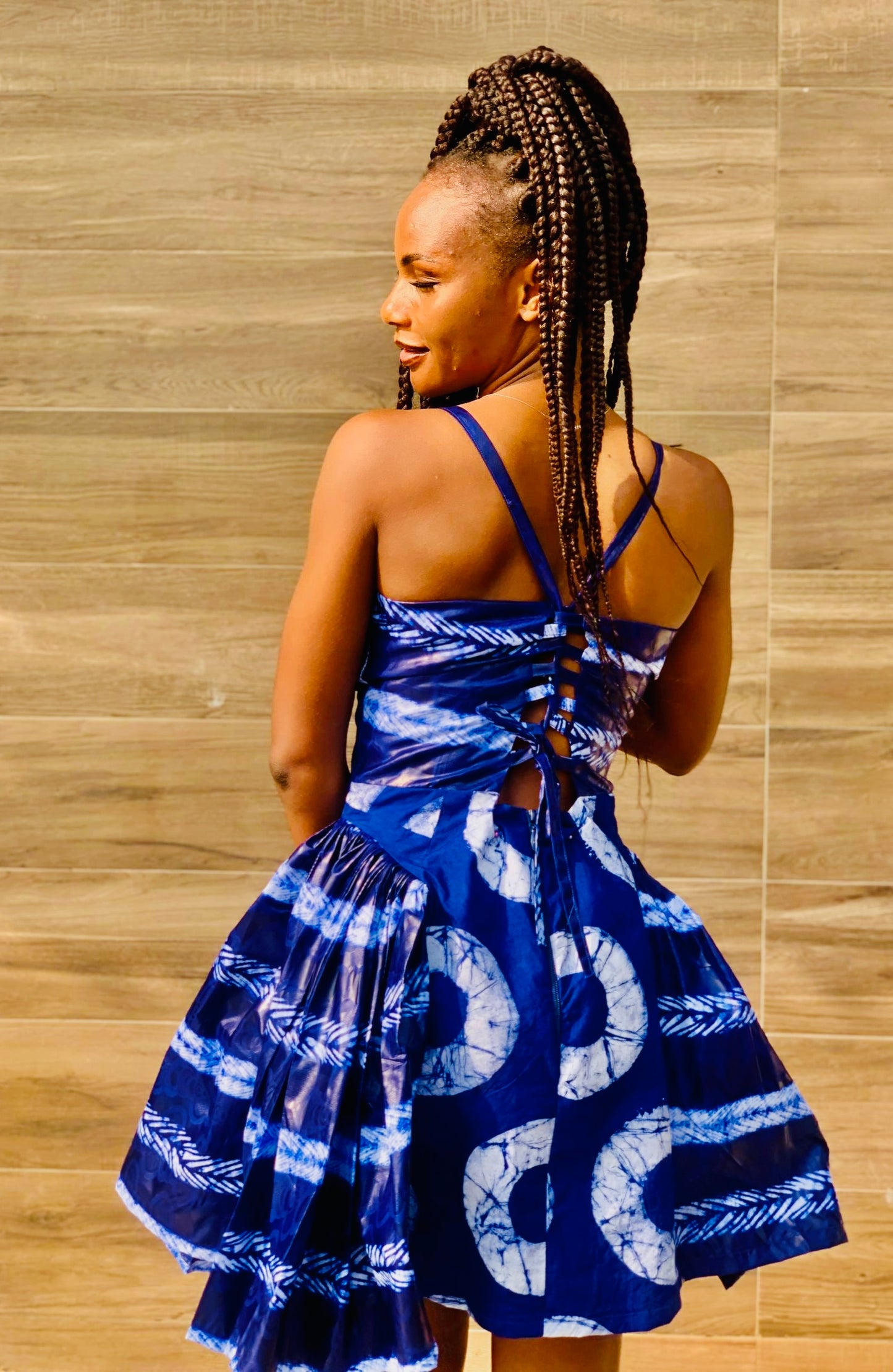 The Etini Cotton Adire Tie-Dye Ankara African Print Mini Dress with Pleated Hips & Corset Back by Eldimaa Fashion