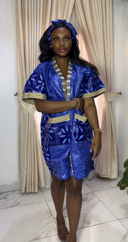 African Print Adire & Silk Aso Oke Kimono Jacket in Navy Blue by Eldimaa Fashion