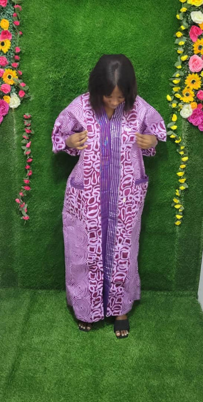 Purple African Print Ankara and Aso-Oke Rich Aunty Bubu Long Dress