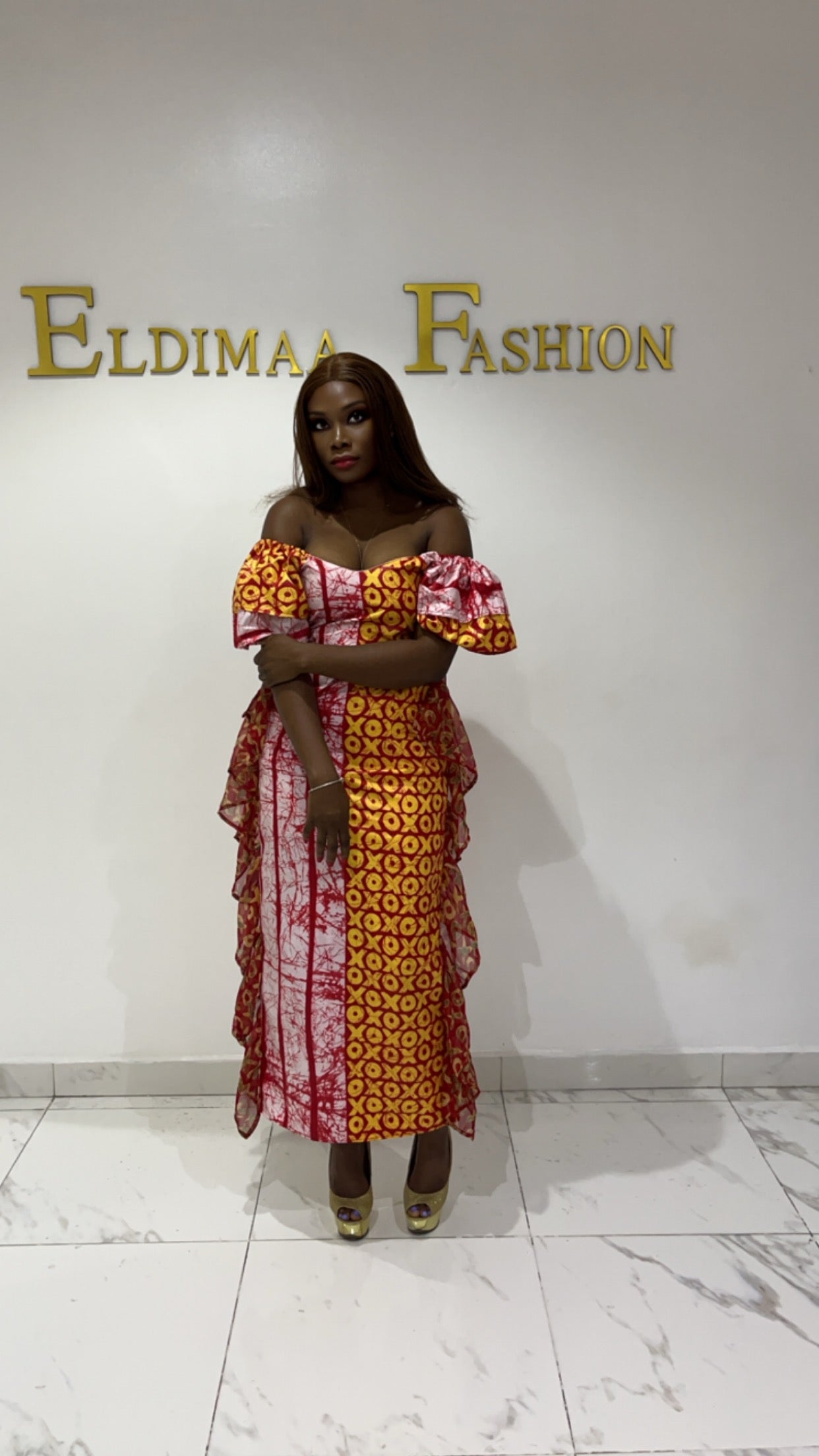 Ibeji Sexy Off-Shoulder African Print Kampala Cleavage Dress with Side Frills by Eldimaa Fashion