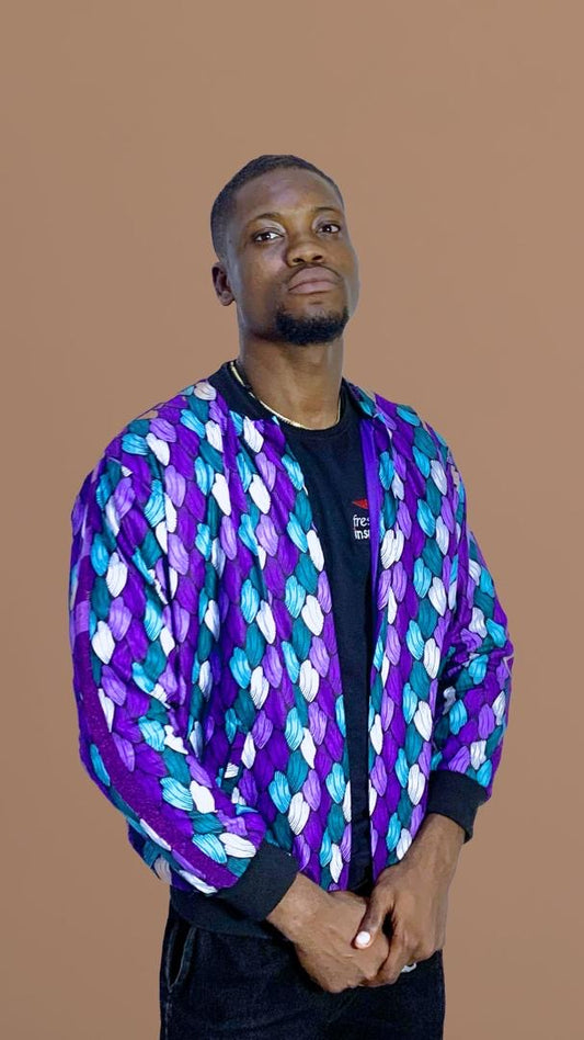 The Toye Ankara African Print Bomber Jacket in Purple