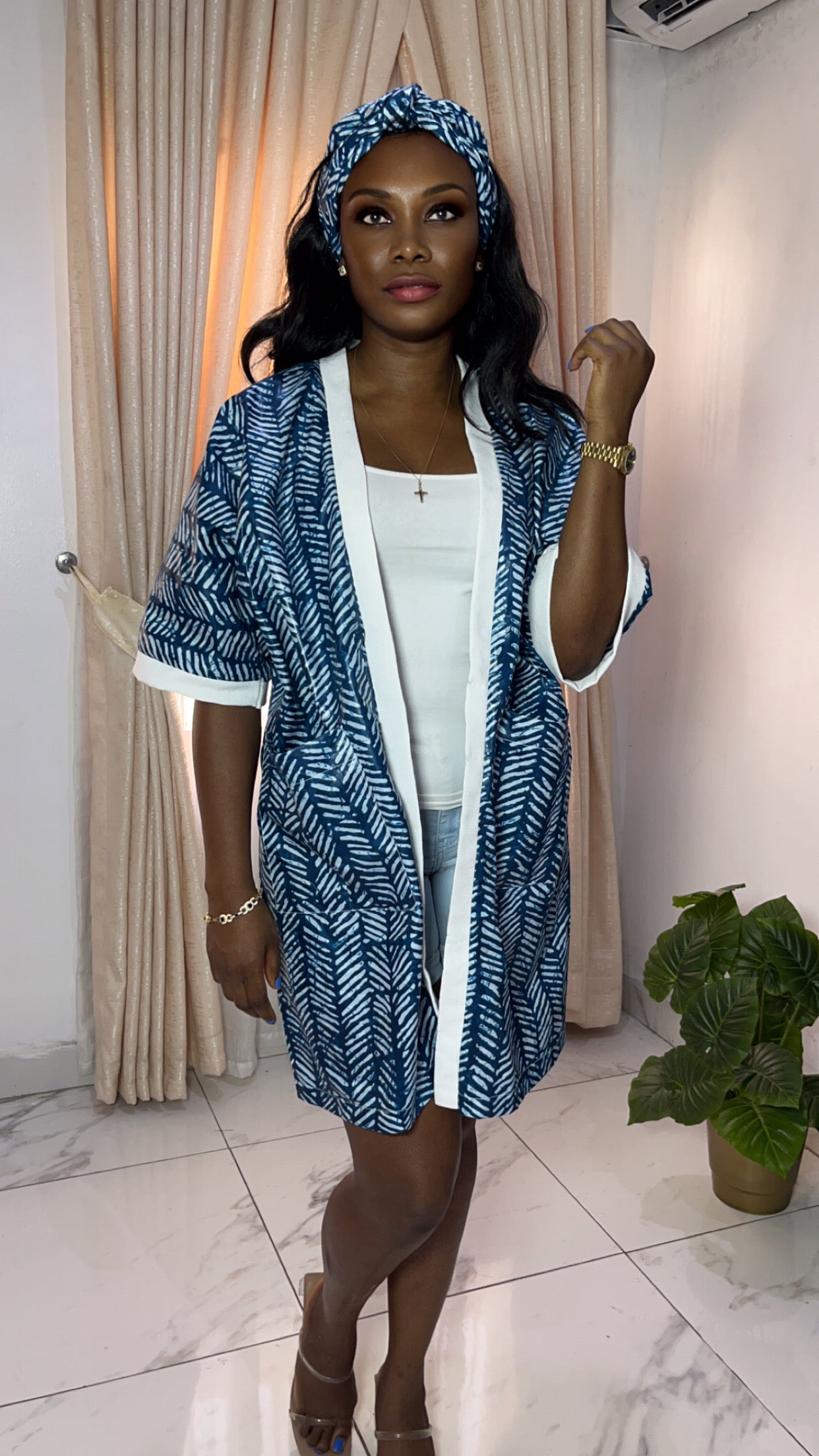 African Print Adire & Silk Aso Oke Kimono Jacket in Teal Blue by Eldimaa Fashion