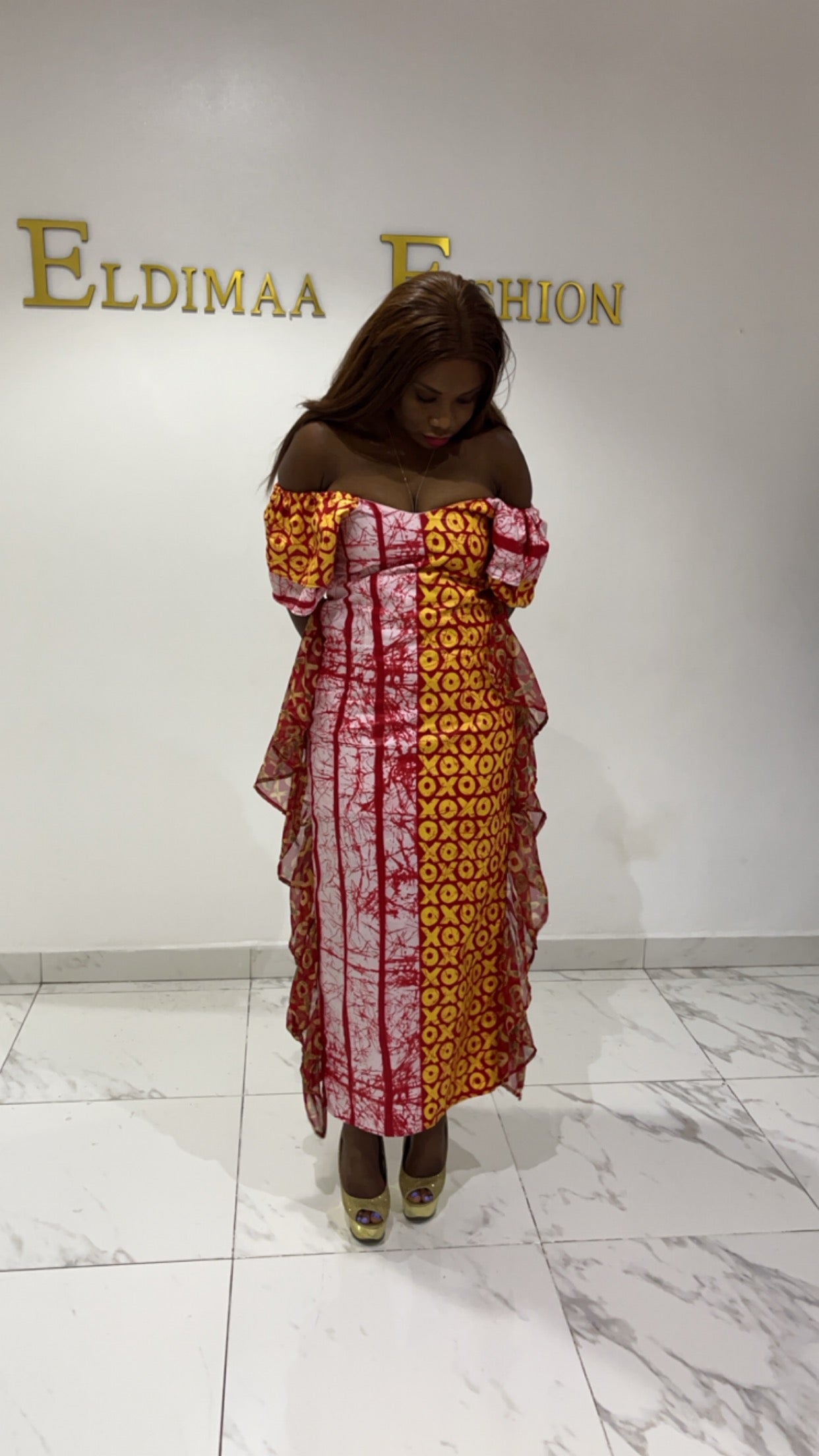 Ibeji Sexy Off-Shoulder African Print Kampala Cleavage Dress with Side Frills by Eldimaa Fashion