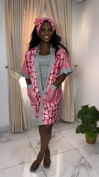 African Print Adire & Silk Aso Oke Kimono Jacket in Red by Eldimaa Fashion