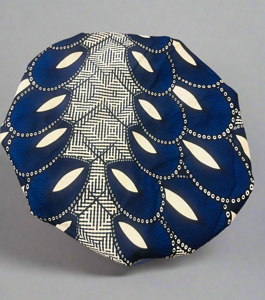 The Buki Ankara African Print Satin Sleeping Bonnet in Blue & Black by Eldimaa Fashion