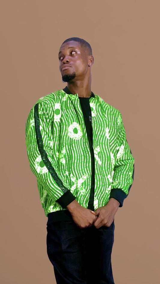 The Toye Ankara African Print Bomber Jacket in Green