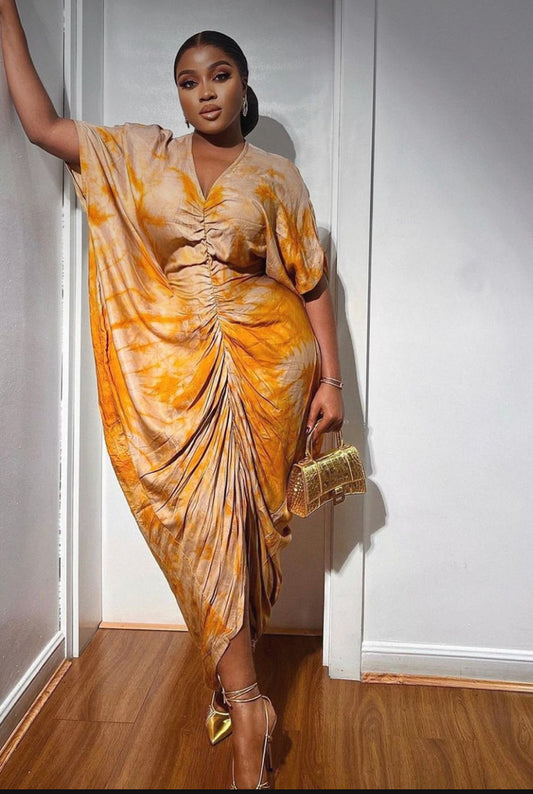 Yellow Adire Silk Tie-dye Bubu Dress Rich Aunty Vibes by Eldimaa Fashion