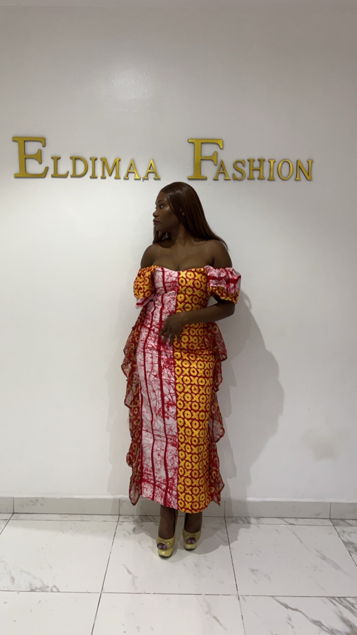 Ibeji Sexy Off-Shoulder African Print Kampala Cleavage Dress with Side Frills by Eldimaa Fashion