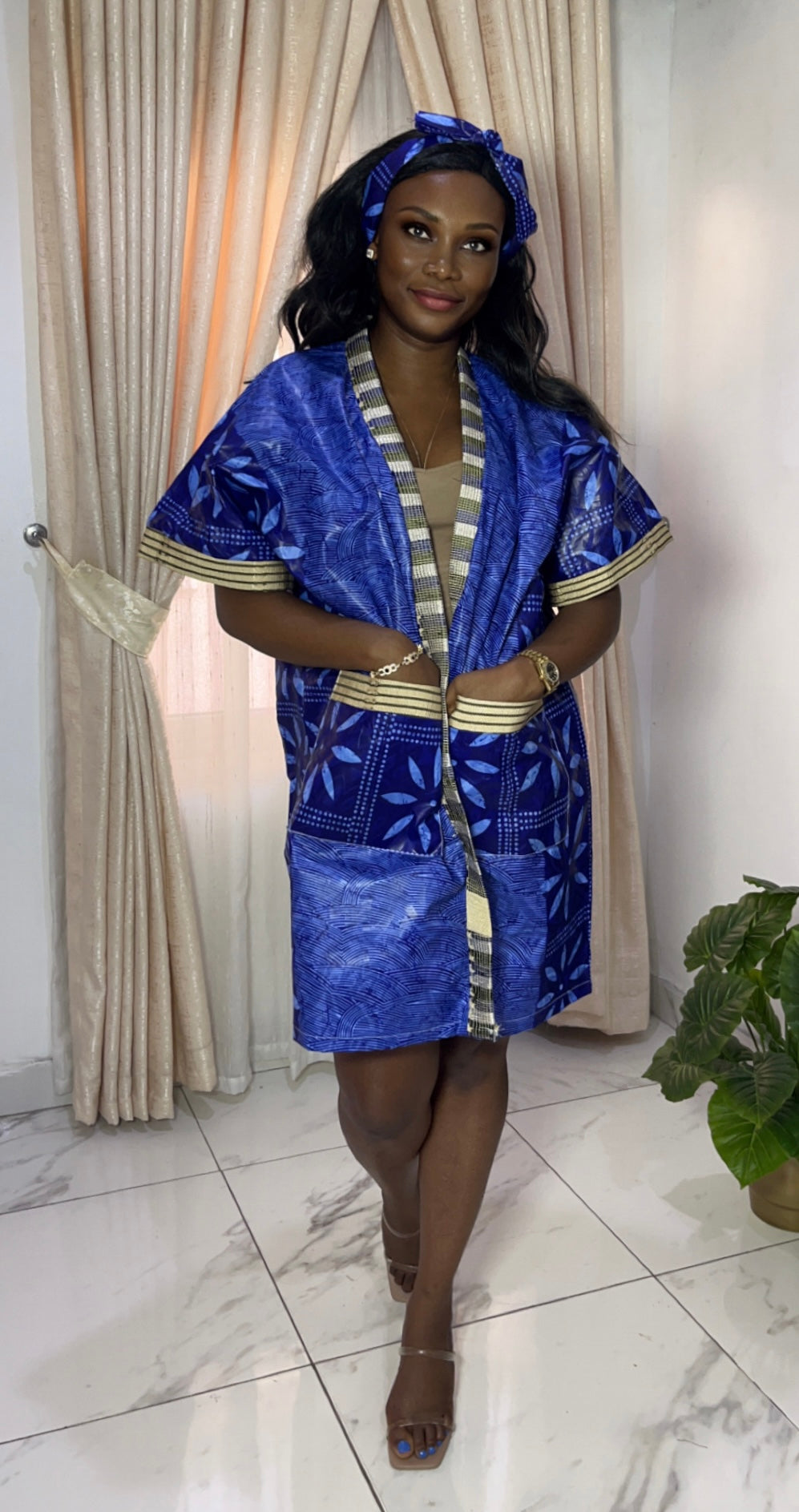 African Print Adire & Silk Aso Oke Kimono Jacket in Navy Blue by Eldimaa Fashion