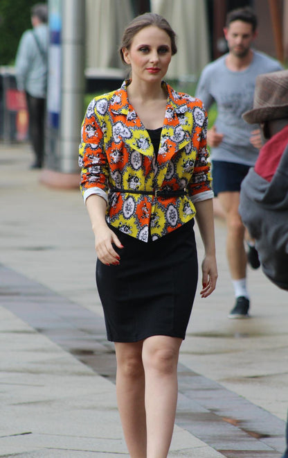 The Ladun Ankara African Print  Blazer Coat Jacket in Orange & Yellow