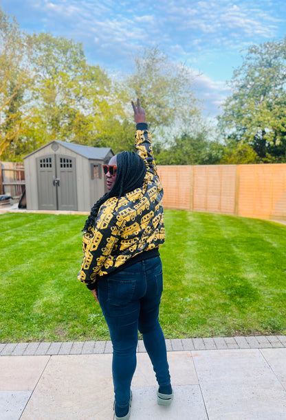 Lagos Danfo Bus Ankara African Print Bomber Jacket in Yellow and Black by Eldimaa Fashion