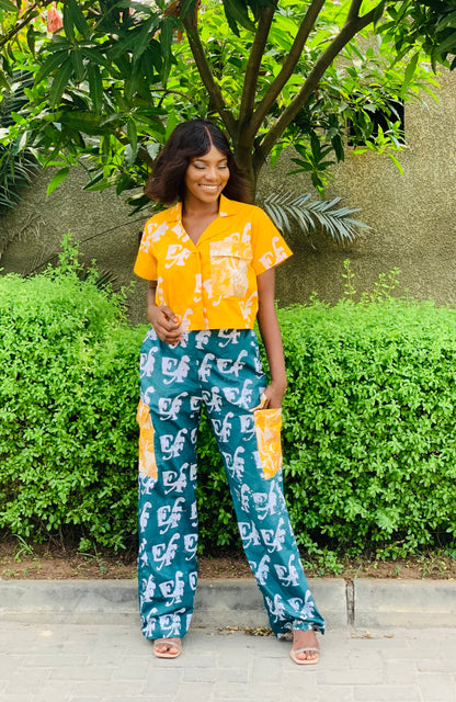 EF Adire 2 Piece Crop Shirt & Cargo Pants Trousers