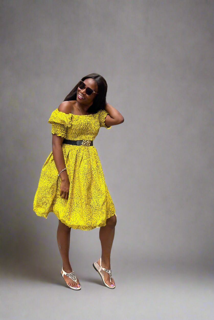 The Rika Ankara African Print Off Shoulder Bardot Dress Yellow