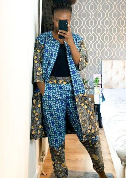 The Malika 2 Piece Ankara Trouser Pants and Jacket Set in Blue