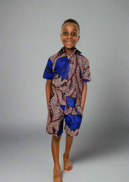 The Edet Boys Ankara African Print Shirt and Shorts 2 Piece in Blue