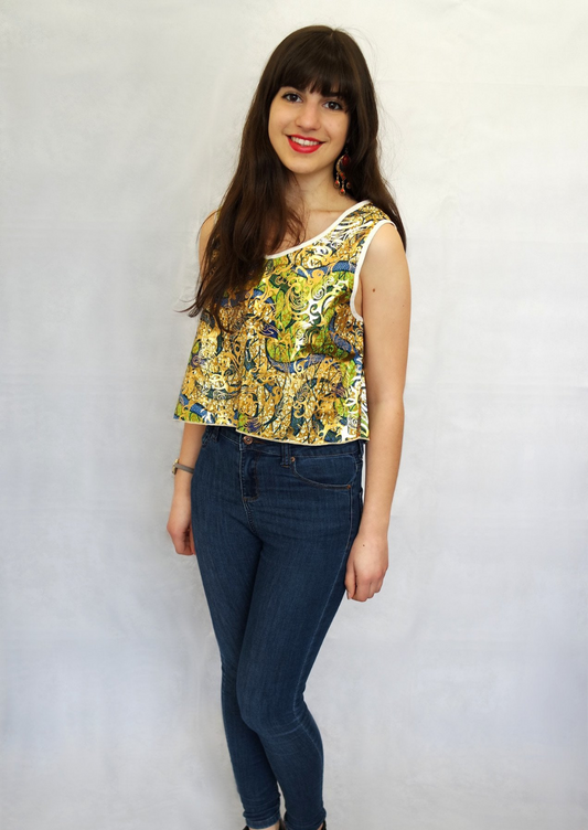 Green and Gold African Print Crop Top. Sleeveless Crop Top with Round Neck.