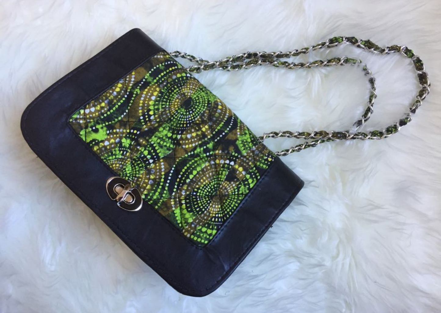 Quilted Green African Print Handbag with clasp and chain handles. Matching green African print sandals.