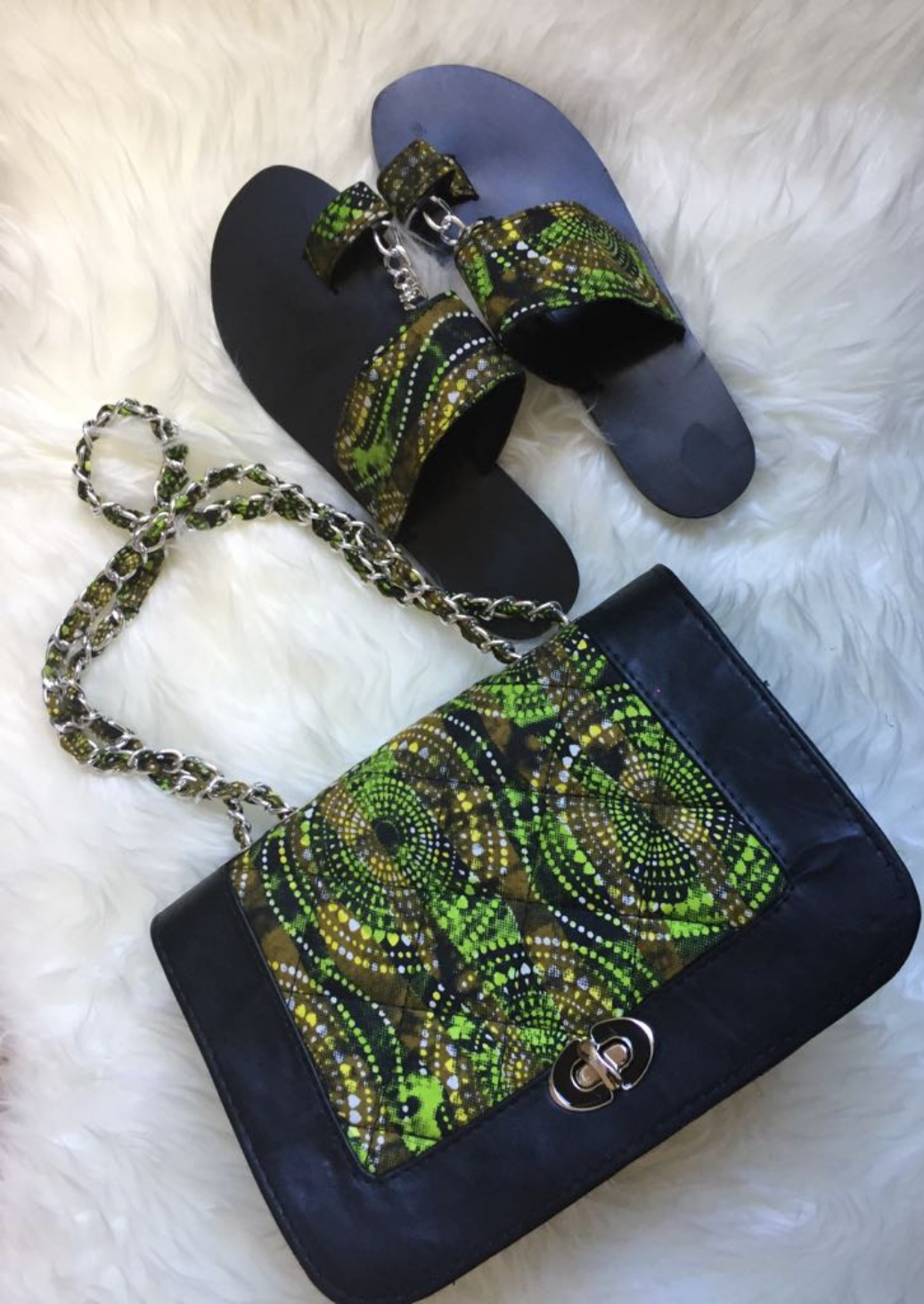 Quilted Green African Print Handbag with clasp and chain handles. Matching green African print sandals.