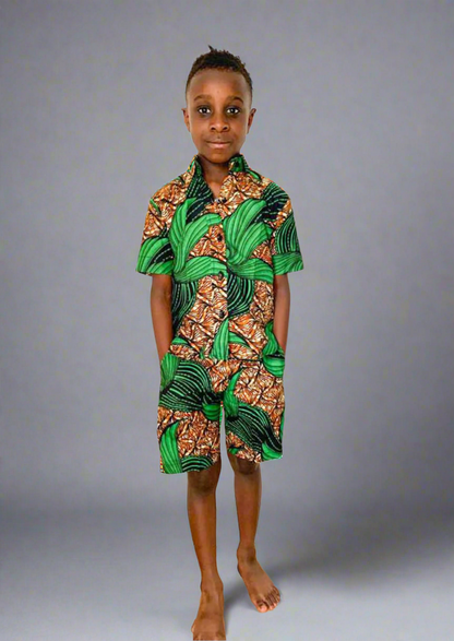 The Edet Boys Ankara African Print Shirt and Shorts 2 Piece in Green