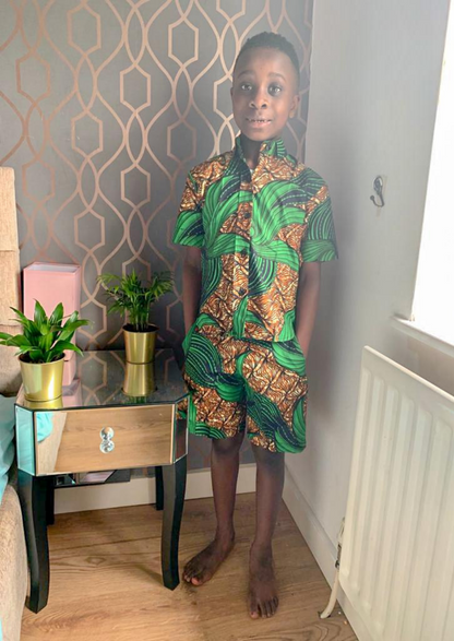 The Edet Boys Ankara African Print Shirt and Shorts 2 Piece in Green