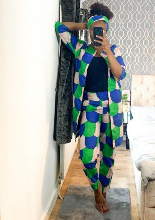 The Malika 2 Piece Ankara Trouser Pants and Jacket Set in Green