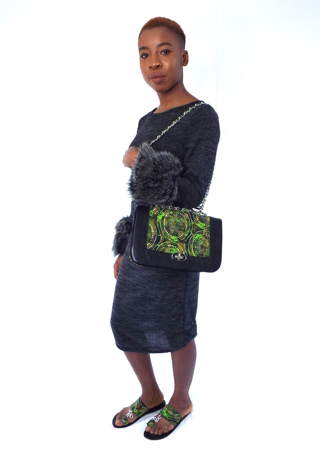 Quilted Green African Print Handbag with clasp and chain handles. Matching green African print sandals.