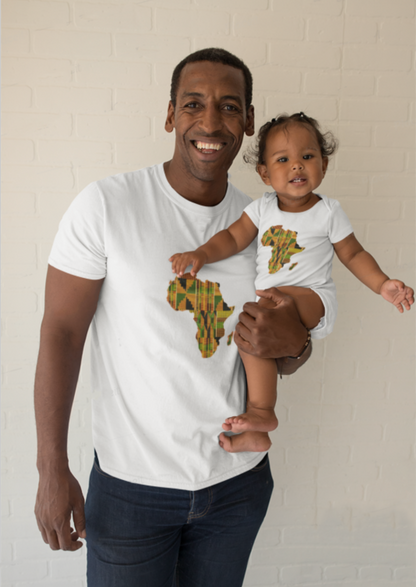 Kente map of Africa graphic on the centre of a white short sleeve v-neck t-shirt for men.