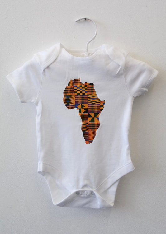 Our unisex baby bodysuit makes this garment the ideal boys baby grow or girls baby grow. The kente print map of Africa makes a unique baby romper suit for all occasions.