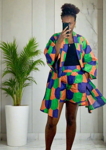 The Malaika 2 Piece Ankara Trouser Pants and Jacket Set in Green and Orange