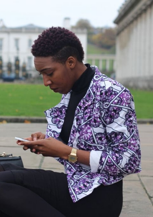 Purple and White African Print Waterfall Blazer.