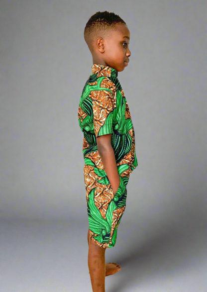 The Edet Boys Ankara African Print Shirt and Shorts 2 Piece in Green