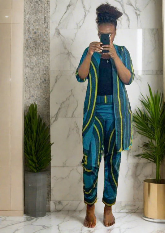 The Malika 2 Piece Ankara Trouser Pants and Jacket Set in Teal