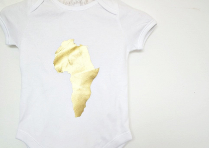 Baby bodysuit: This baby romper is a white short sleeve playsuit with gold map of Africa on the centre of the chest.