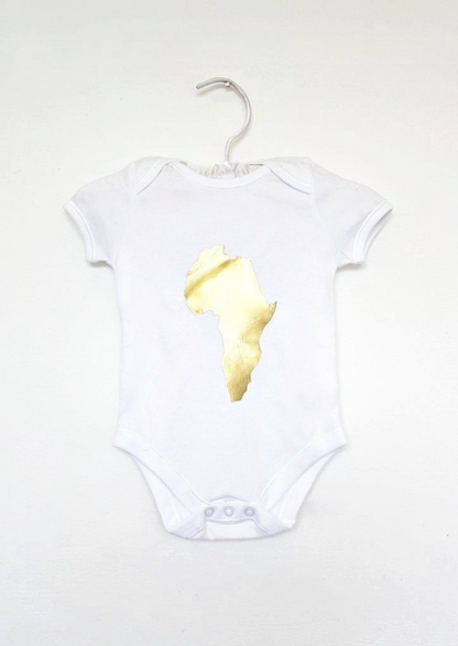 Baby bodysuit: This baby romper is a white short sleeve playsuit with gold map of Africa on the centre of the chest.