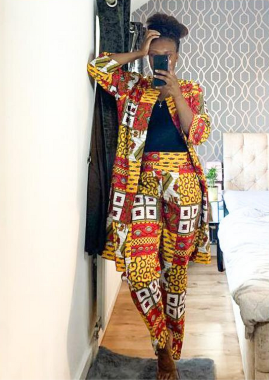 The Malika 2 Piece Ankara Trouser Pants and Jacket Set in Red